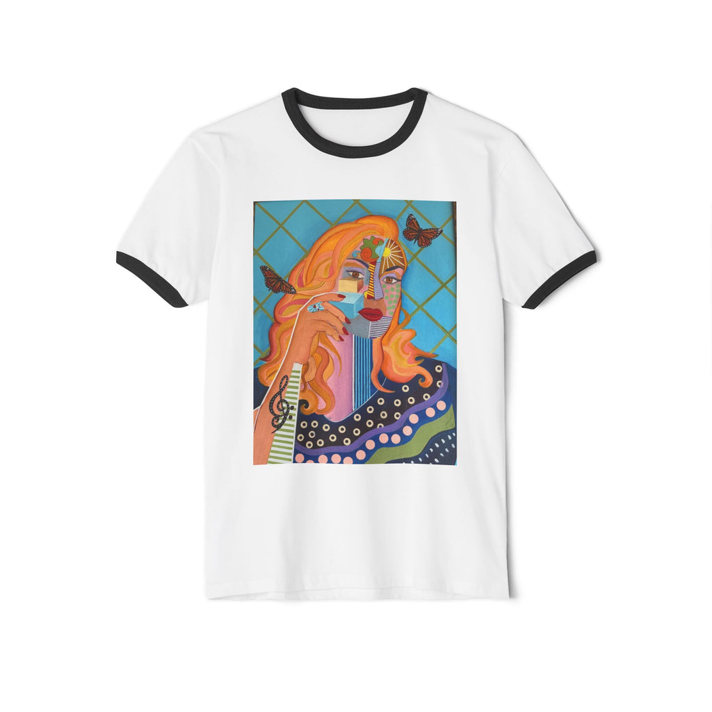 "La Madrina" Retro Portrait Ringer Tee — Colorful Boho Woman Art T-Shirt