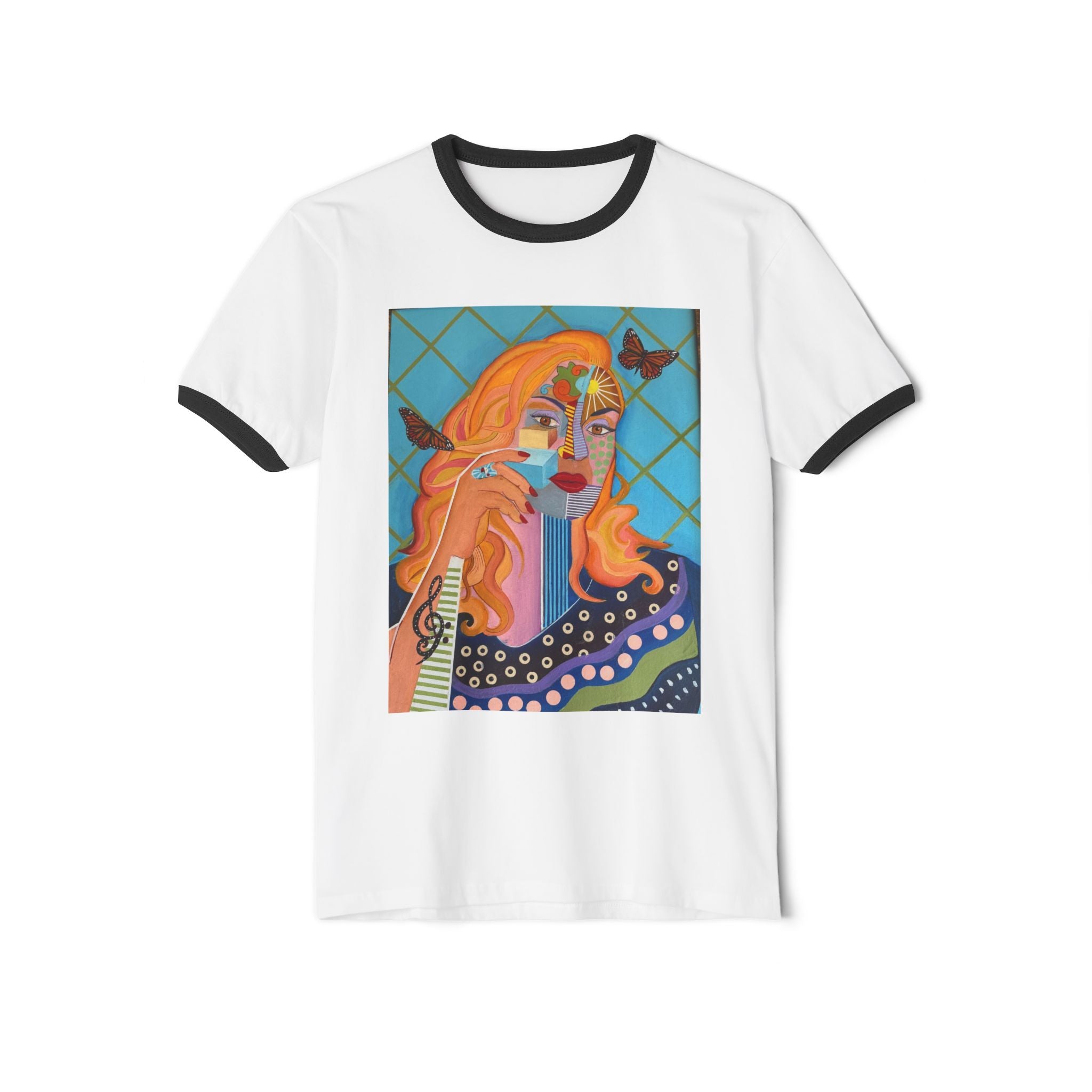 "La Madrina" Retro Portrait Ringer Tee — Colorful Boho Woman Art T-Shirt
