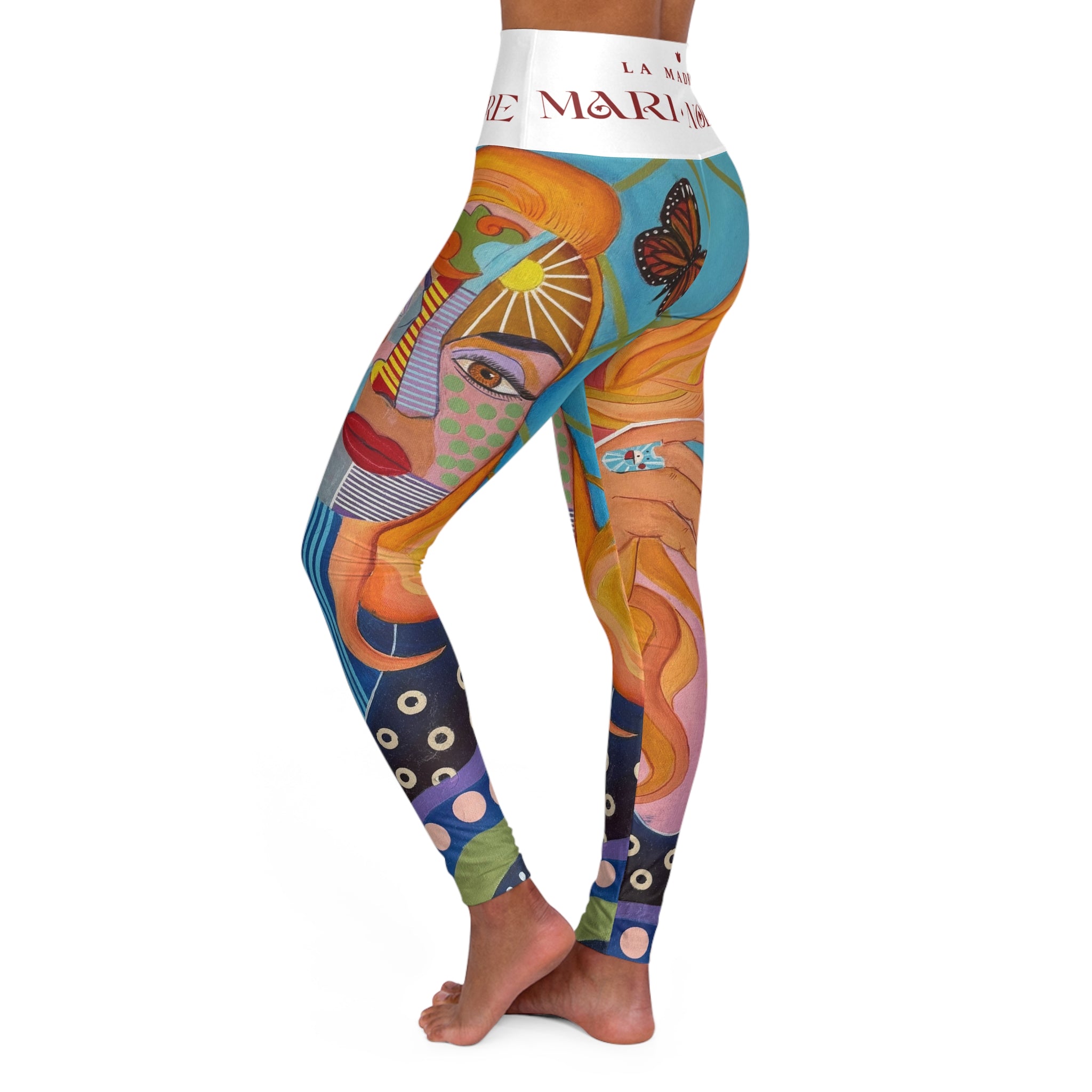 Colorful Abstract Goddess High-Waisted Yoga Leggings — Artistic Face & Butterfly Print
