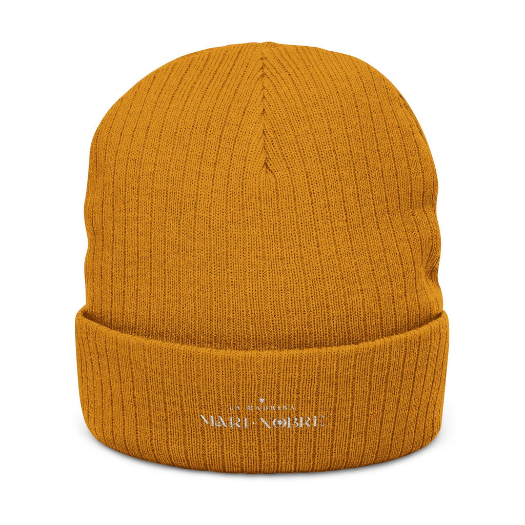 Embroidered Ribbed Beanie — Minimalist Black Knit Hat