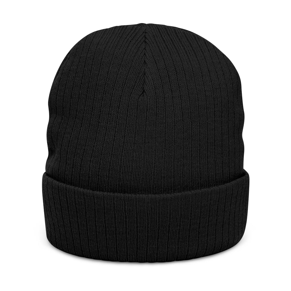 Embroidered Ribbed Beanie — Minimalist Black Knit Hat
