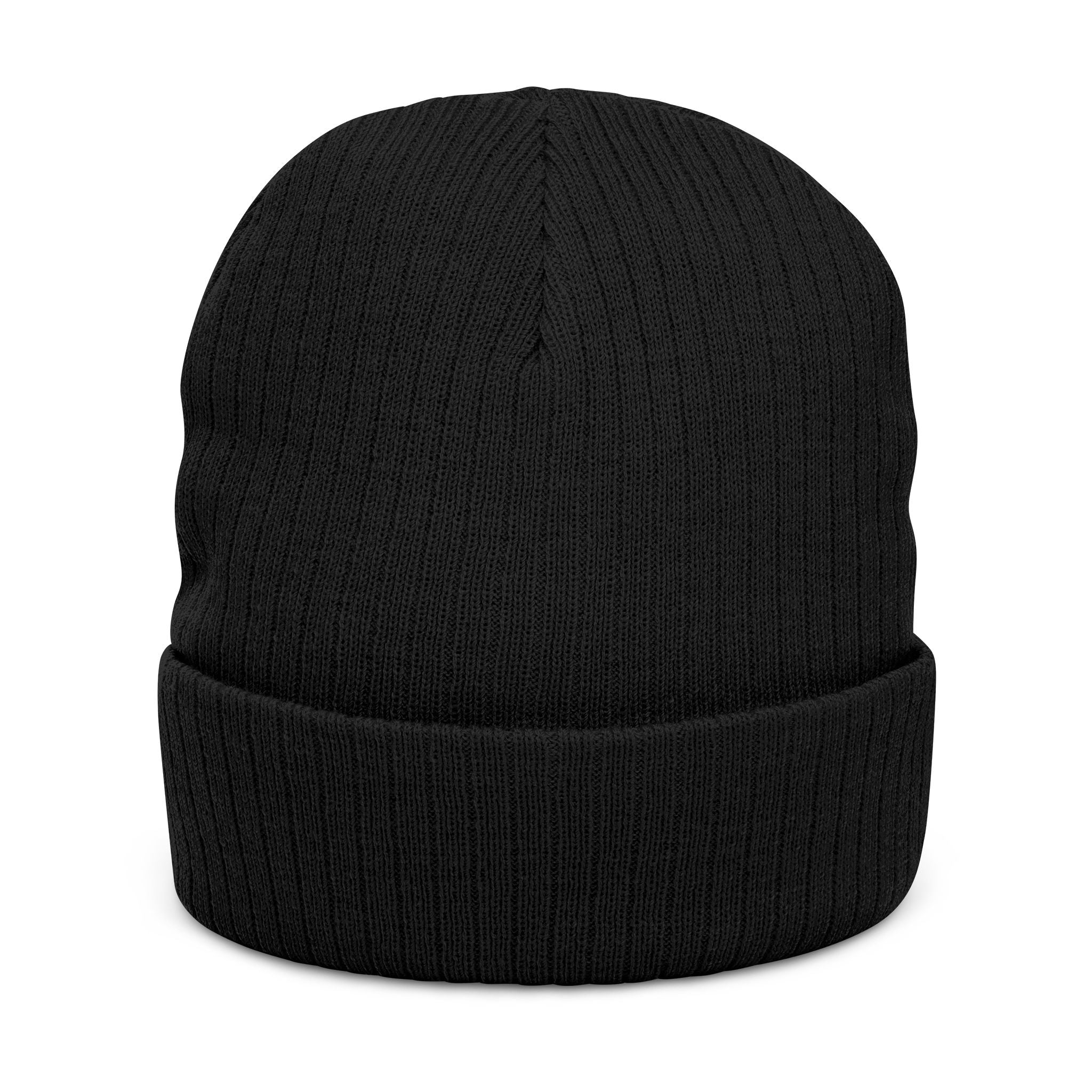 Embroidered Ribbed Beanie — Minimalist Black Knit Hat