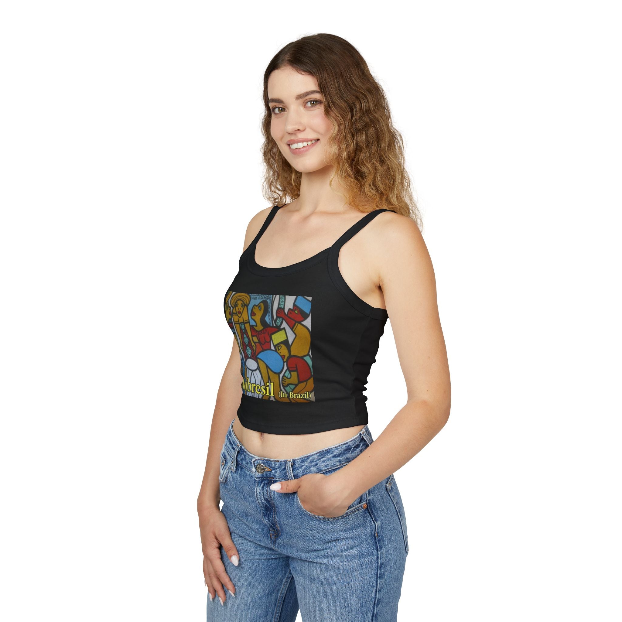Spaghetti Tank Top — Colorful 'Nobresil in Brazil' Artwork Crop Tank