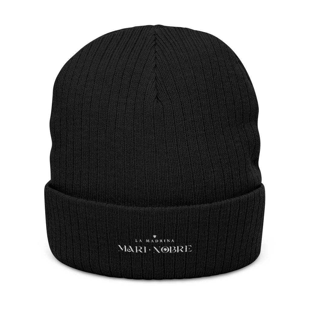 Embroidered Ribbed Beanie — Minimalist Black Knit Hat