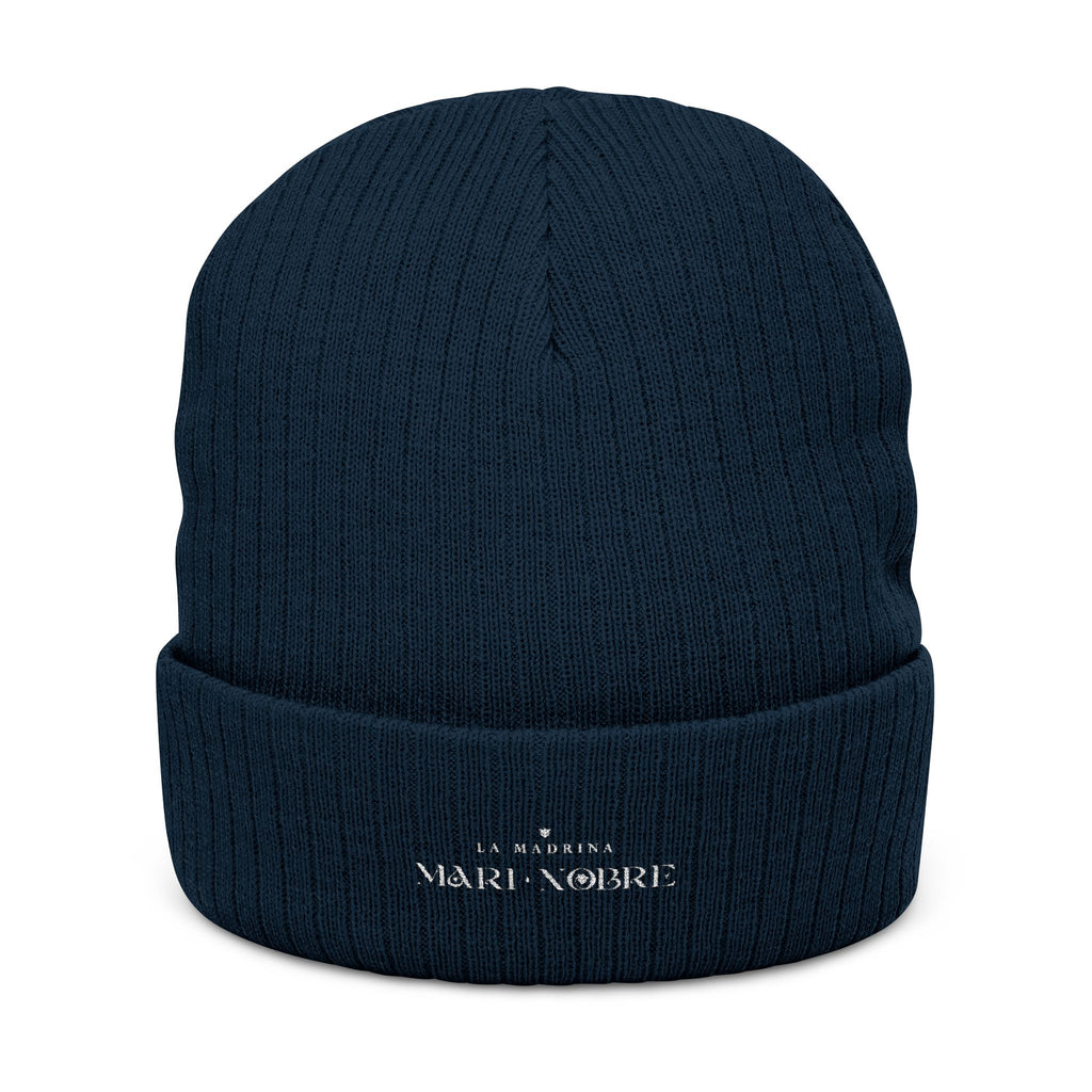 Embroidered Ribbed Beanie — Minimalist Black Knit Hat