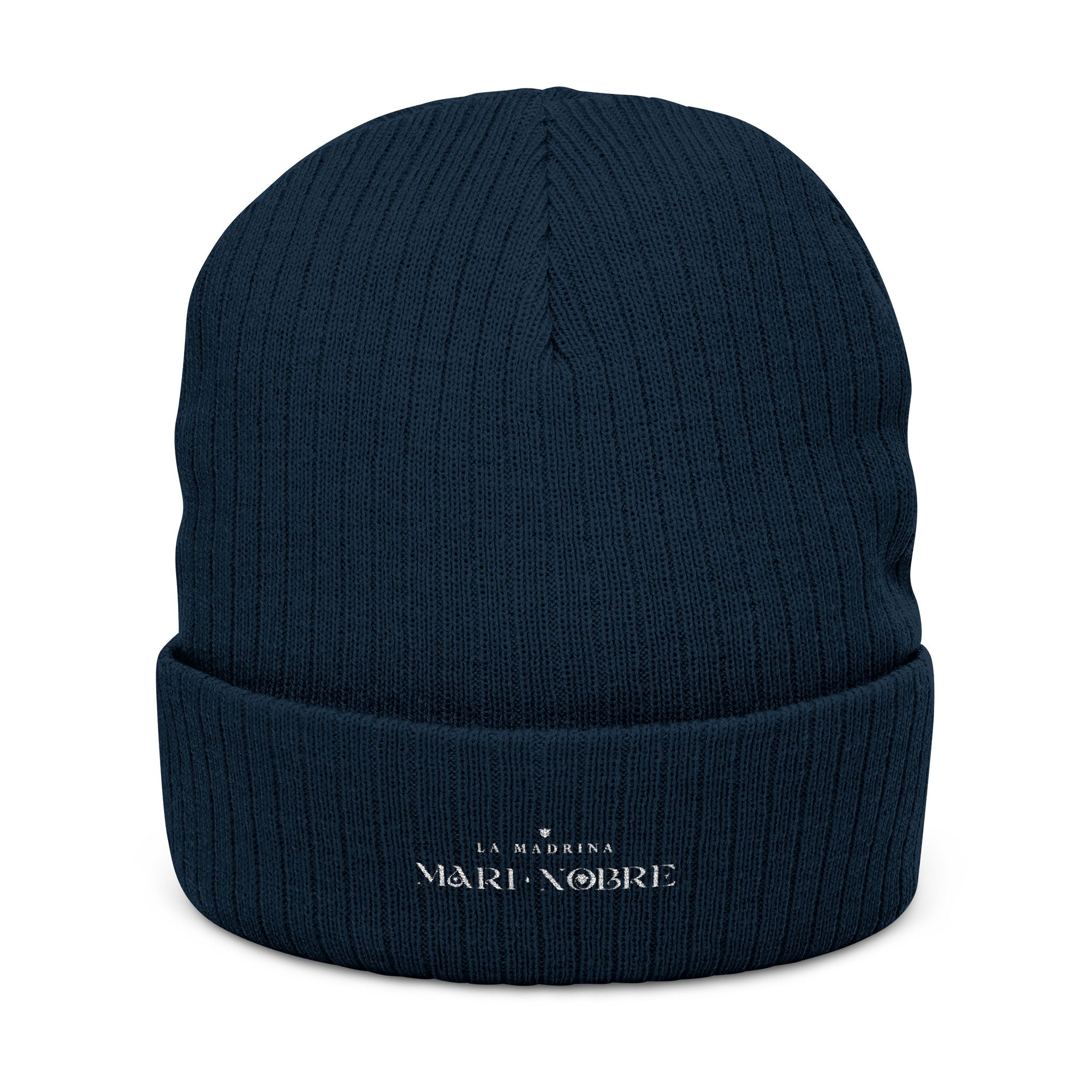 Embroidered Ribbed Beanie — Minimalist Black Knit Hat