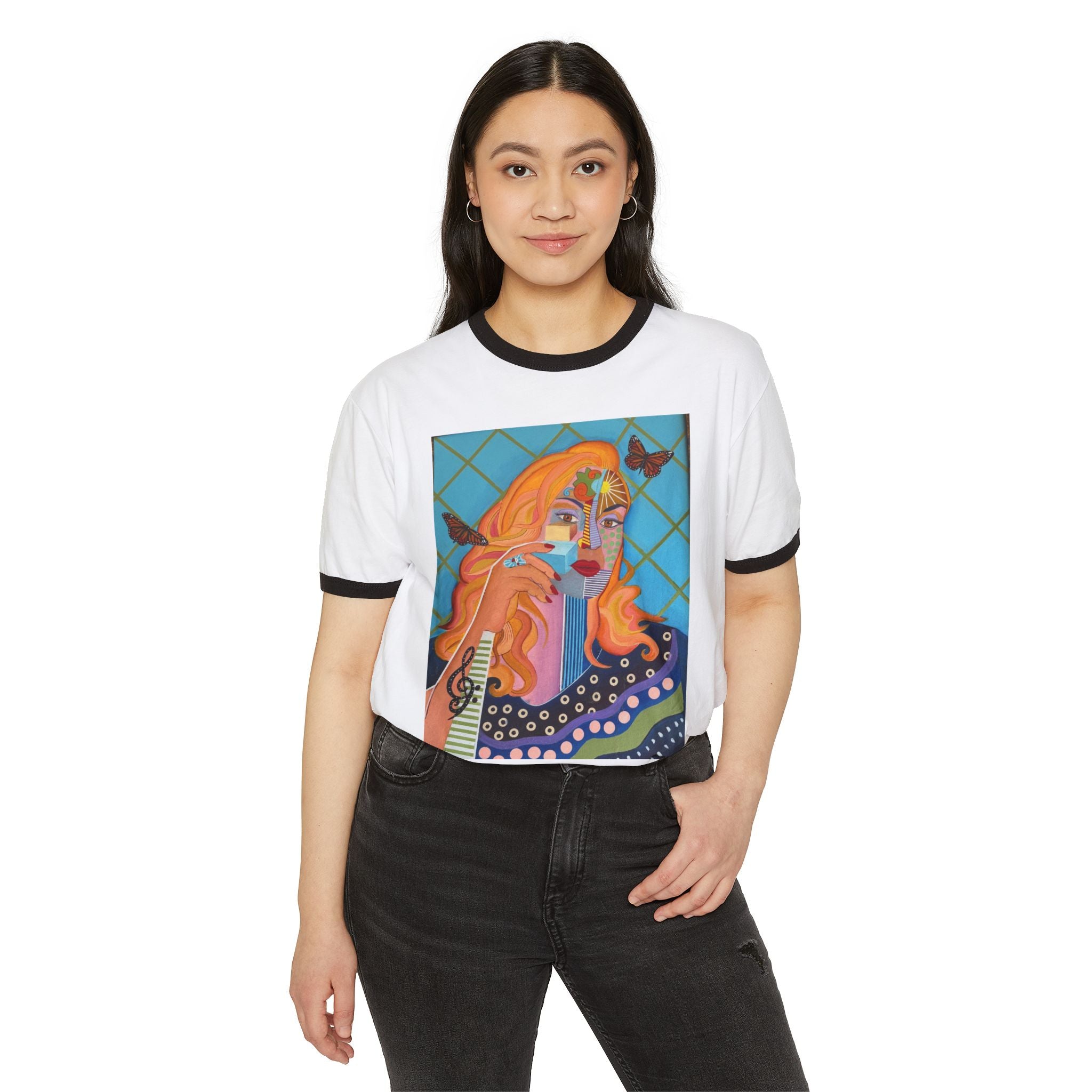 "La Madrina" Retro Portrait Ringer Tee — Colorful Boho Woman Art T-Shirt