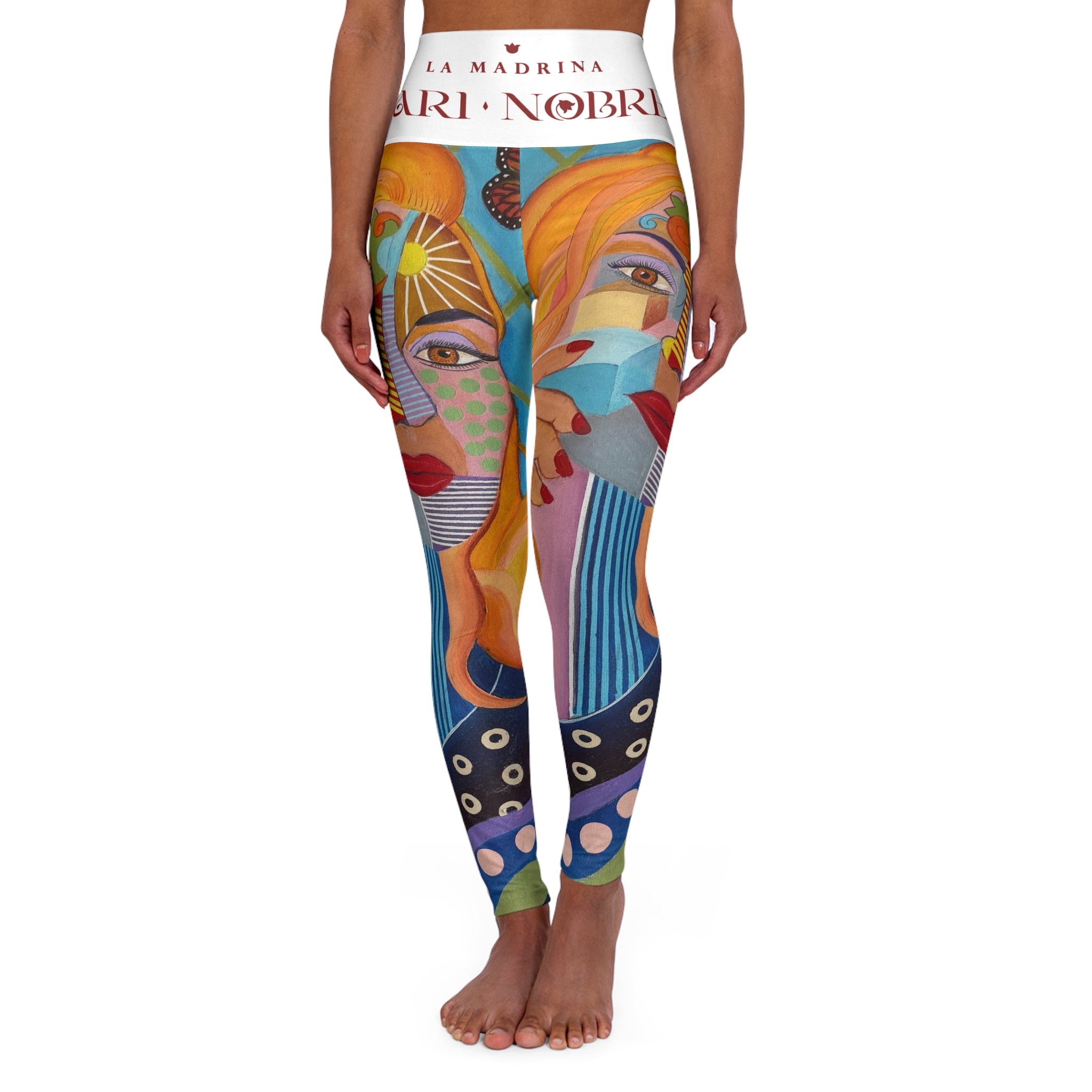 Colorful Abstract Goddess High-Waisted Yoga Leggings — Artistic Face & Butterfly Print