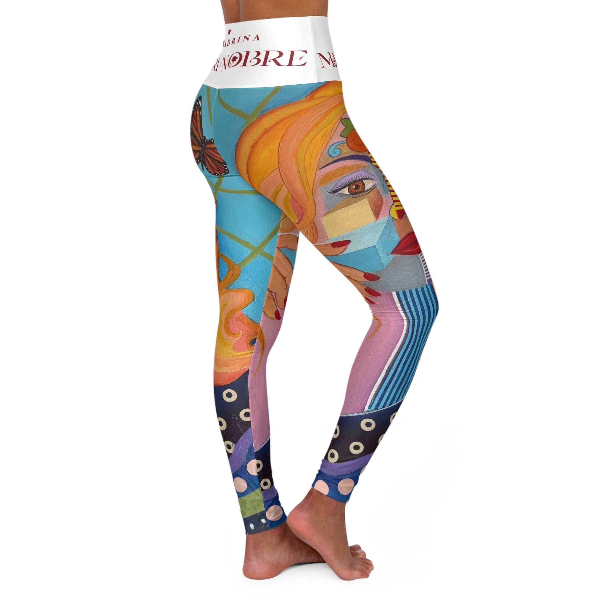 Colorful Abstract Goddess High-Waisted Yoga Leggings — Artistic Face & Butterfly Print