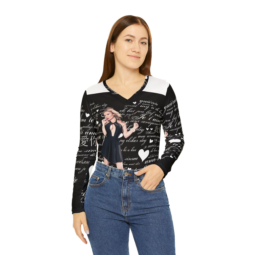 Romantic Script V-Neck Long Sleeve — Vintage Pinup Love Print