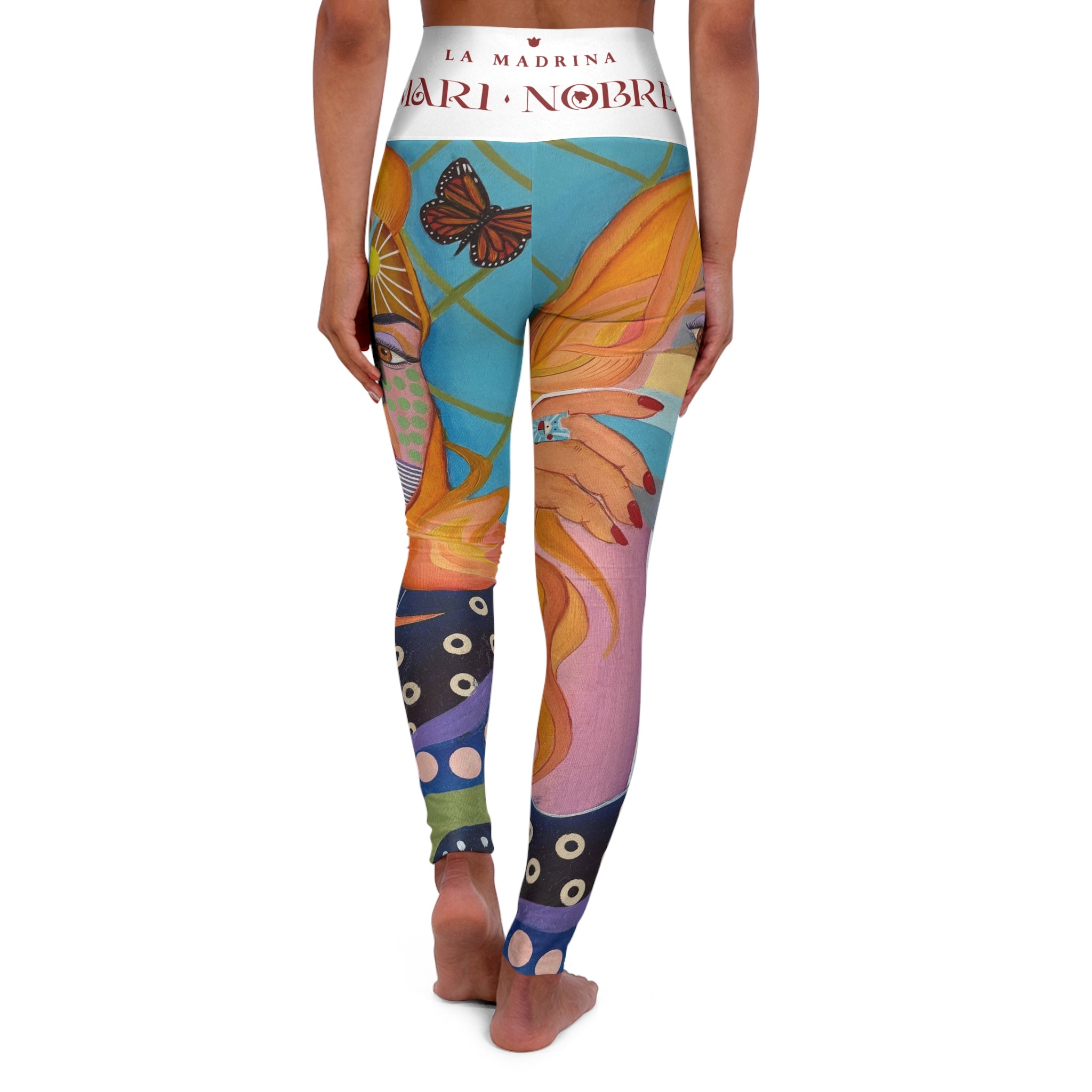 Colorful Abstract Goddess High-Waisted Yoga Leggings — Artistic Face & Butterfly Print
